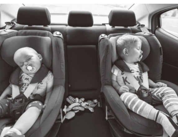 車内に幼児2人座らせている写真