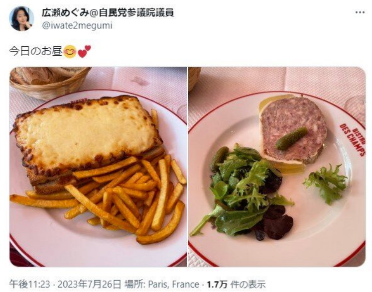 7月26日広瀬めぐみ議員がフランス研修旅行で食べたフランス料理の写真。