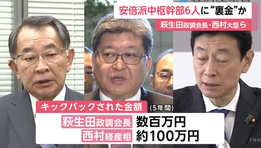 西村大臣が受けたキックバックは約100万円
【引用:FNNプライムオンライン】