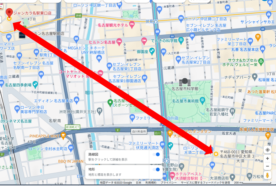 ジャンボカラオケ名駅東口店と第２アメ横ビルの位置関係図