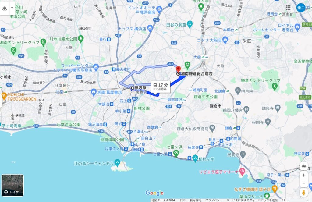 藤沢駅から湘南鎌倉総合病院のいち関係図