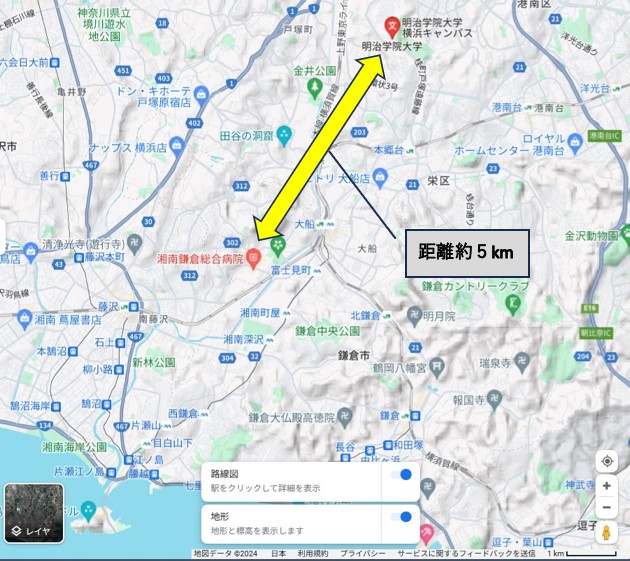 「明治学院大学」と「湘南鎌倉総合病院」の位置と距離
【引用:グーグルマップ】